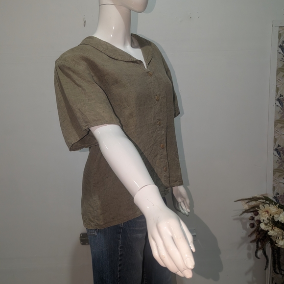 Flax Olive Green Button-Up Linen Top Size medium - Picture 3 of 6